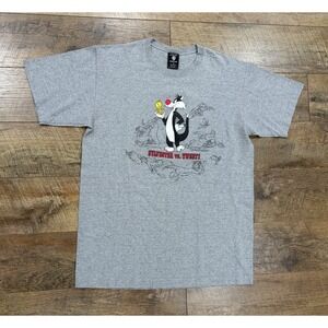 Vintage 1996 Looney Tunes Sylvester VS.‎ Tweety Tee Grey Large Made In USA 90s